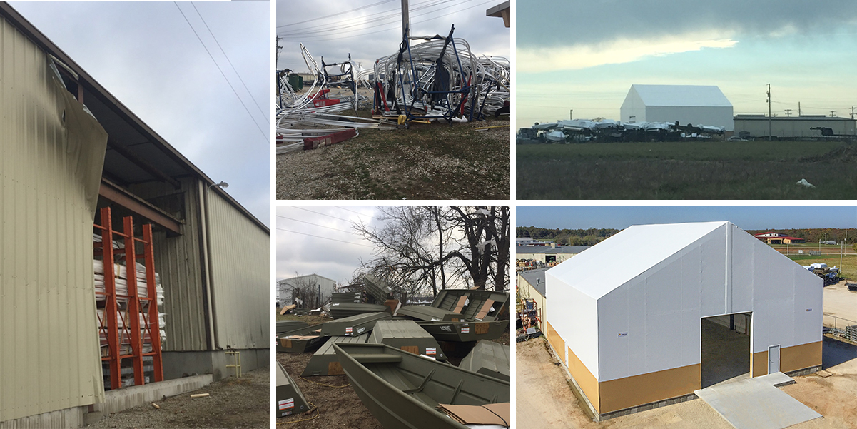 extreme weather damage from tornado, fabric building still standing